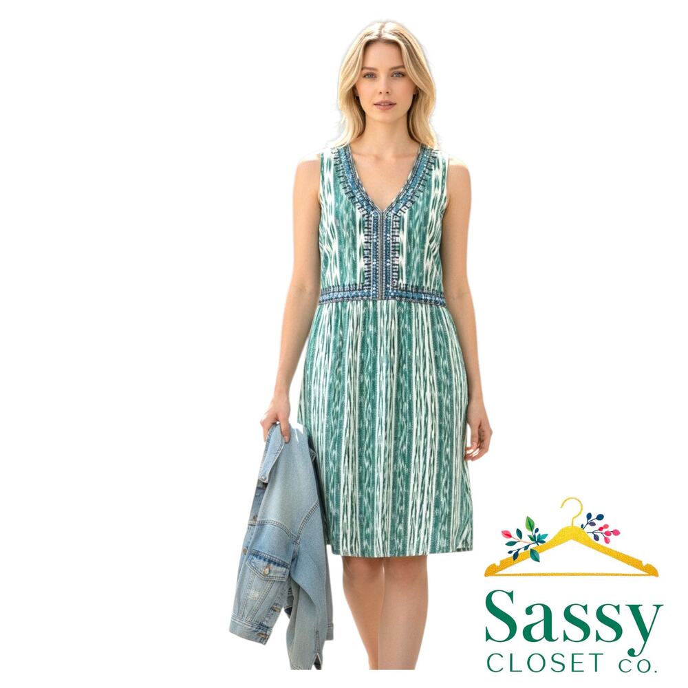 J. JILL NWT Teal Ikat Cotton Midi Dress Small Pockets Spearmint
